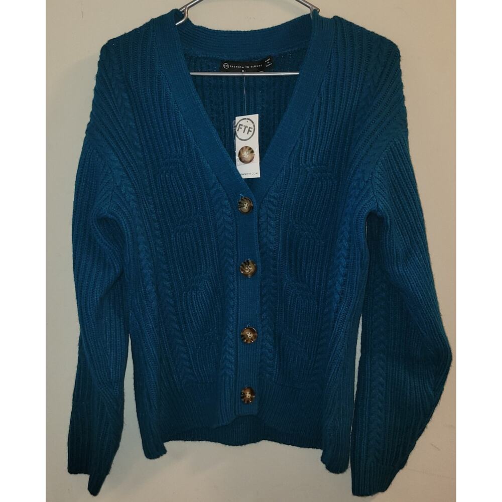 Sweater Sz 0 Greenish Blue Fashion To Figure Button Up Cardigan NWT Cable Knit